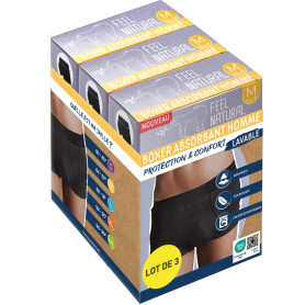 Pack 3 Boxer Anti Fuite Homme Protection et Confort Lavable - Taille M - Protection Urinaire Homme - Boxer Absorbant Confortable
