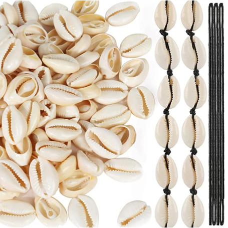 100pcs Perles de Coquillage Naturel, Spiral Perles Coquillage 16 à 18 mm Perle Coquillage Cauris Naturel avec Trous, avec 5 Mètr