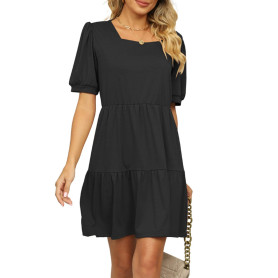 crazy bean Robe Ete Femme Mini Robe à Volants Taille Haute Manche Courte Bouffantes col en Carrée Été de Plage Bohème Chic Éléga