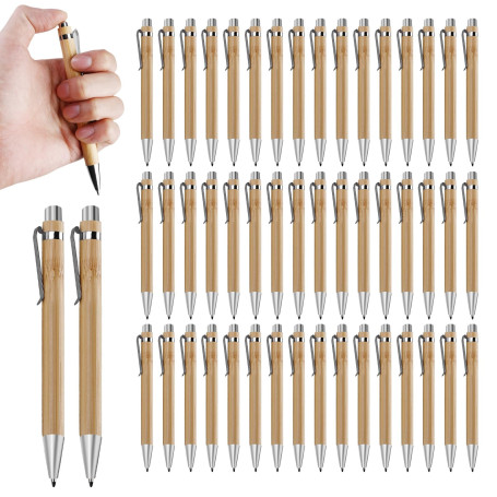 Sporgo Lot de 50 stylos à bille en bois : stylo à bille en bambou, fournitures d'écriture, stylos personnalisés, avec gravure, p