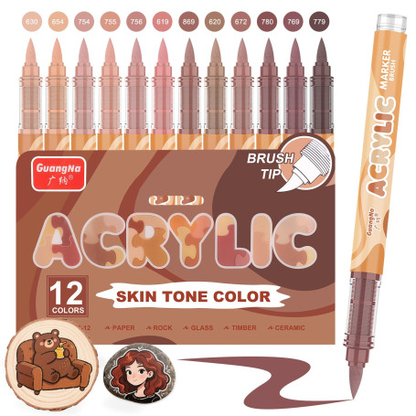 Funnasting Feutre Acrylique, 12 Brun tons marrons Pro Couleur série feutres acrylique Set pour la peinture sur roche, verre, tas
