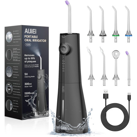 AUIEI Jet Dentaire Hydropulseur Portable Water Flosser, Irrigateur Oral 5 Modes et 8 Buses,Réservoir 300ML, USB Chargé, Étanche 