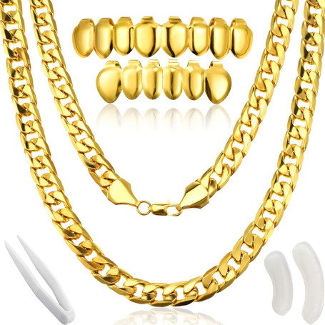 Gejoy Costume de Rappeur Hip Hop, Collier de Chaîne Faux d’Or Collier Chunky avec Plaqué Or pour Bouche Haut Bas Grilles de Dent