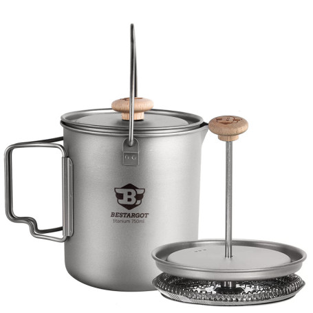 Bestargot Cafetiere Camping en Titane 750ml,Cafetière à Piston,Ultralight Tasse à Titane,Popote Bivouac Multifonctions,Titane Pu