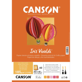 CANSON Iris Vivaldi - Paquet 25 feuilles de papier couleur A3 - 185g/m² - Assortiment jaune/rose/rouge