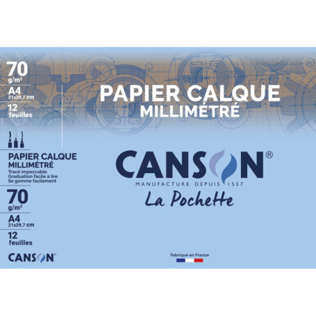 CANSON - Pochette 12 feuilles de papier calque millimétré bistre - A4 - 70g/m²