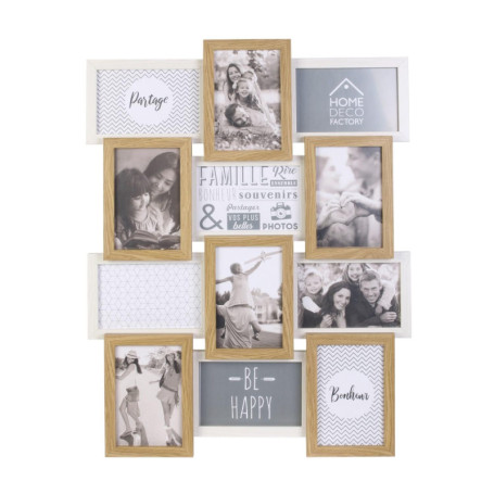 HOME DECO FACTORY - HD4218 - Cadre Photo Multiple Pele-Mele 12 Vues Bois et Blanc, Souvenir, Décoration Maison, 44 x 3 x 58 cm, 