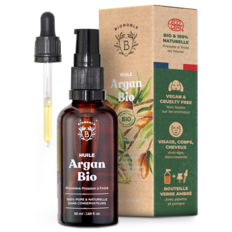 Bionoble Huile d'Argan Bio 50ml - 100% Pure, Naturelle, Pressée à Froid - Bouteille en Verre + Pipette et Pompe - Huile Argan Ch