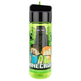 p:os 33171 - Gourde pour enfants, environ 540 ml, design transparent avec motif Minecraft et paille intégrée à rabat, en plastiq