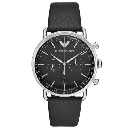 Emporio Armani Montre pour homme, mouvement chronographe, boîtier en acier inoxydable argenté de 43 mm avec bracelet en cuir, AR