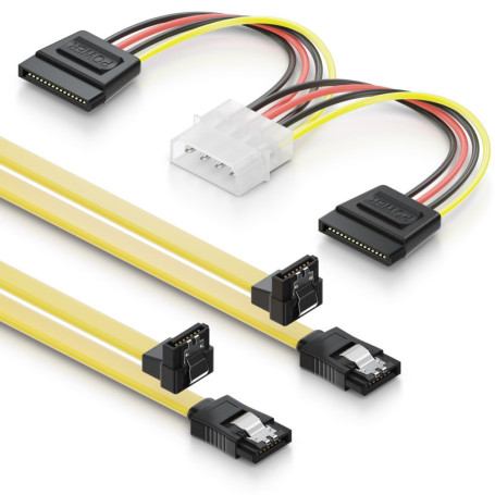 deleyCON 2x 0,5m Câbles S-ATA 3 + Adaptateur Secteur 4-Pin à 2x SATA - Câble de Données HDD SSD Avec Clip - 1x Prise Droite à Un