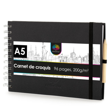 OfficeTree Cahier de Dessin A5-96 Pages 200g Papier Blanc - Format Paysage - Carnet de Croquis A5 Spirale - Sketchbook A5 - Carn