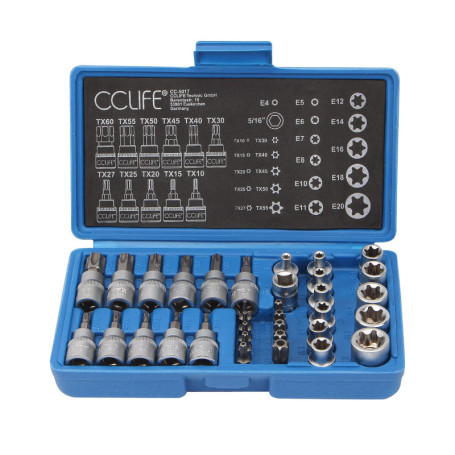 CCLIFE 34 Pièces Coffret douilles torx femelle 3/8" profil E4-E20, Embout torx étoilé profil T10-T60 en Acier S2, Adaptateur 3/8