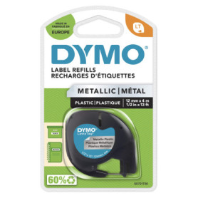 Ruban d'Etiquettes Autocollantes Multi-usages Dymo LetraTag, 12 mm, Cassette de 4 m, Impression en Noir sur Métallique Argenté (