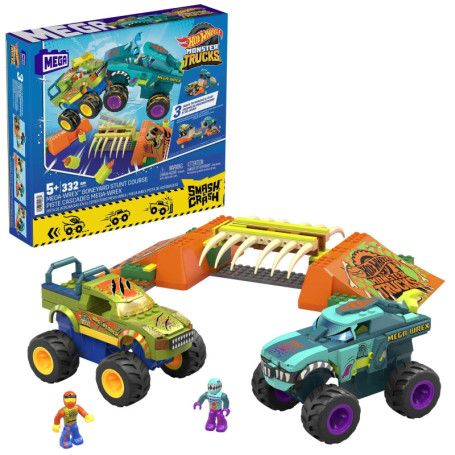 Mega Hot Wheels Monster Trucks Tremplin Osseux Chocs et Fracas Coffret de Construction Contenant 332 pièces et 2 Mini-Figurines 