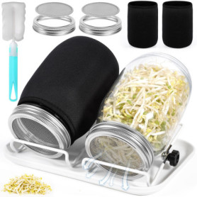 GUHAOOL Bocal de Germination,2 x 1000ml Germoir en Verre Bocal à Germes,2 Couvercle à Grille en Acier Inoxydable,2 Support,1 Pla