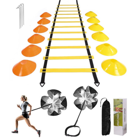 SOBEAU Équipement d'entraînement de Football,Parachute de résistance d'entraînement,1 Échelle de D'agilité de 6 Mètres, 12 Cônes
