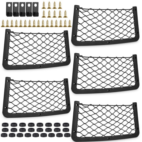 Filet Rangement pour Voiture 5PCS, 5 crochets,25 vis et 25 bouchons en plastique,Filet de Rangement de Coffre 36*18CM,Volume éle