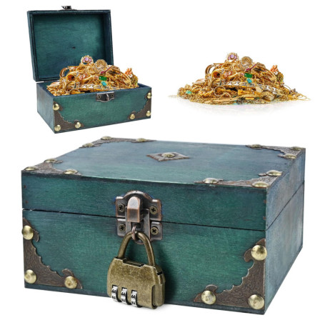 Coffre à Trésor Vintage en Bois avec Serrure (15x12x7.2cm) Coffre à Bijoux, Coffre à Trésor Pirate pour La Décoration Intérieure