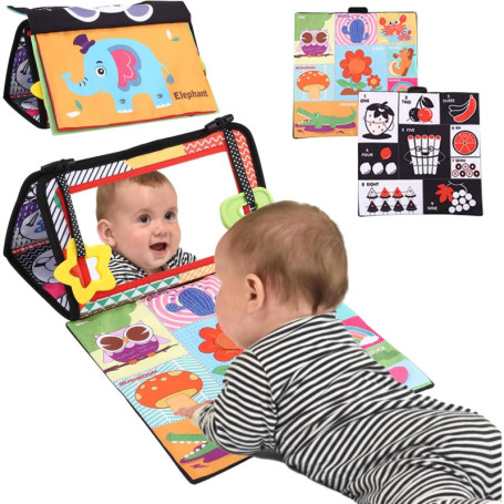 Zawaer Jouets Montessori, Jouet Miroir Bebe eveil 0-9 Mois,Miroir bébé Pliable, Motif Noir et Blanc très contrasté, avec Livre e