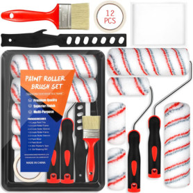 FAMKEEP Lot de 12 Pinceaux Peinture et Rouleaux Peinture Murs et Plafonds,Comprend un Bac à Peinture,Grattoir Multifonction, Agi