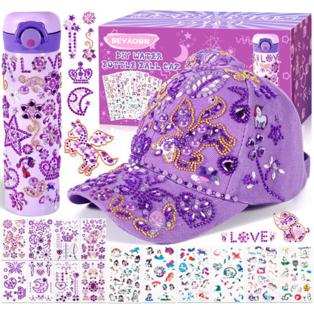BEYAOBN Cadeaux pour Filles DIY Casquette de Baseball et Bouteille d'eau, Kit de Bricolage pour Enfants avec Sticker Licorne Str