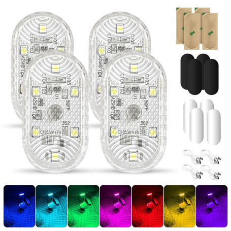 4Pcs RGB Éclairage Intérieur de Voiture, Lampe Tactile 7 Couleurs LED, Plafonnier Rechargeable USB