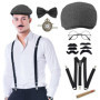 7pcs Accessoire Annee 20 Homme, Great Gatsby Gangster Costume, Années 1920 Déguisement, avec Chapeau Panama Montre de Poche Bret
