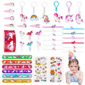 JOYUE 50 PCS Anniversaire Licorne, Bracelets, Porte Clés, Tatouage Enfant, Epingle à Cheveux, Signet, Bracelets Slap, Jouet Kit 