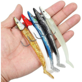 ANCLLO Appâts de pêche Souples avec hameçon à tête de Plomb, leurres de pêche en mer à la rhubarbe crème avec boîte (Lot de 5)