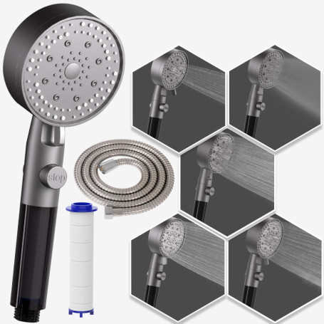 HONBOO Pommeau de Douche Filtrant, Pommeau de Duche Economie Deau avec Bouton D'arrêt D'eau, Douchette avec Flexible de 1,5 m, P