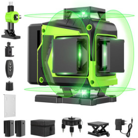 Niveau Laser Chantier Autonivelant 360° x 4, Lazer Niveaux 4D 16 Lignes Laser, Autonivellement et Mode Pulsé Extérieur, 2 x Batt