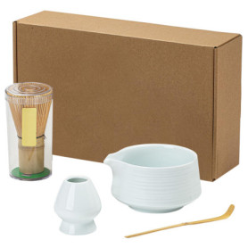 WIYETY Kit Complet Cérémonie du Thé Matcha - Lot de 4 Pièces (Fouet en Bambou, Bol Céramique Bec Verseur, Support et Pelle) - Po