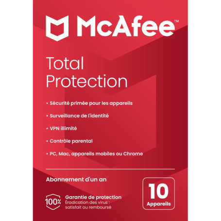 McAfee Total Protection 2024, 10 appareils|AV, VPN, Contrôle Parental, gestion des mots de passe, sécurité mobile et Internet|PC