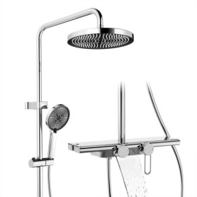 HOMELODY Système de douche avec robinetterie et étagère en verre chromé – Robinet de douche complet avec douchette à main, douch
