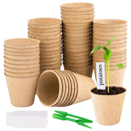 50 Pièces Pot Semis Biodégradable 8cm Bassin de Greffe en Fibresrond Pots de Semis Pots de Plantes avec 50 Étiquettes de Plantes