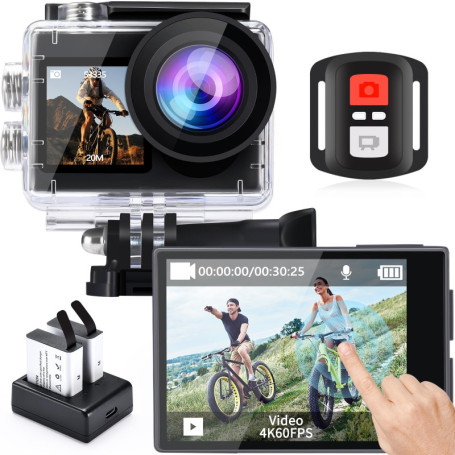 Aviner Action Cam 4K Caméra sous-Marine étanche 40 m Ultra HD 20 MP 170 degrés Ultra Grand Angle WiFi stabilisation Glace avec 2