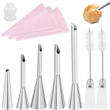 5 Douilles Pâtisserie Petit Choux et 3 Poches à Douille en Silicone Réutilisable, Douilles Professionnelles en Acier Inoxydable 