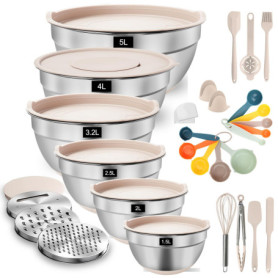 YlYADl Ensemble de Bols Mélangeurs,6 Bols en Acier Inox avec Couvercles,Silicone Bols à Mélangeren,Bols Saladier en Acier Inoxyd