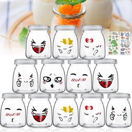 UCAMP Pots Yaourt en Verre,Pot Yaourt En Verre Avec Couvercle,Pots De Yaourt Avec Couvercle,Petit Pot En Verre,Motifs Mignons,Po