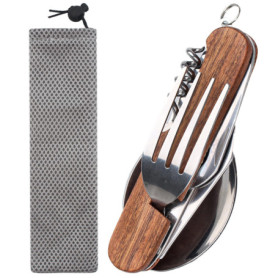 GZDAOXIA 6 en 1 en Acier Inoxydable Pliant coutellerie,Kit Couverts de Camping,avec poignée en Bois,Couvert Camping Multifonctio