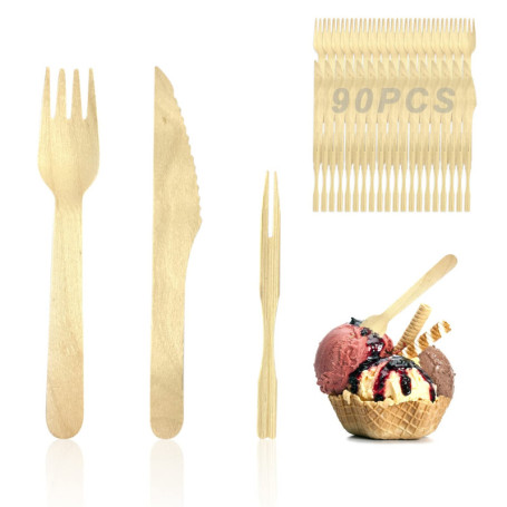 90 pièces de couverts en bois jetables, dont 30 pièces de couteaux en bois, 30 pièces de fourchettes en bois, 30 pièces de bâton