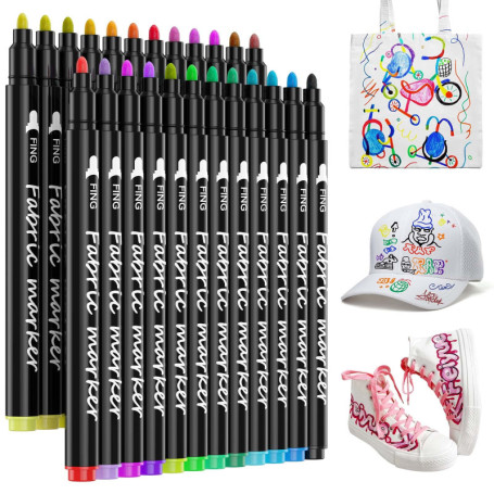 24 Couleurs Marqueurs Textile et Tissu, Marqueur Feutre Textiles Non-Toxique Feutres Indélébile - Idéal pour T Shirt Blanc, Sac 
