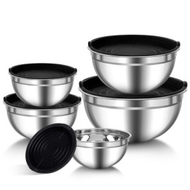 Bols à mélanger en Acier Inoxydable, Lot de 5 Saladiers avec couvercles hermétiques, 0.7L/ 1.1L/ 1.5L/ 2.7L/ 4.5L Empilables et 
