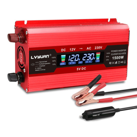 LVYUAN Convertisseur 12V 220V 230V 1500W DC à AC convertisseur de Puissance Voiture Onduleur Transformateur, LCD Display