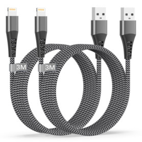 Câble iPhone, Cable Chargeur iPhone 3m/Lot de 2 Certifié MFi Câble Lightning USB iPhone Cable 3m Long Nylon Cable iPhone USB Cor