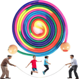 Corde a Sauter Pour Plusieurs Joueurs,5 Mètres Corde a Sauter Enfant,Cordes à Sauter Arc-en-Ciel Avec Poignée Ronde en Bois,Cord