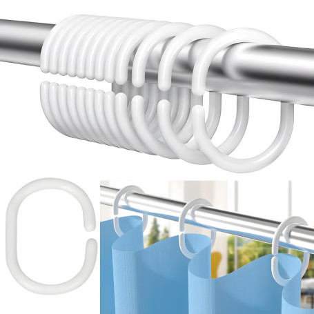 12 pièces Anneau Rideau Douche, Anneaux Rideaux en Forme de C,Crochet Rideau en Plastique,Crochet Rideau Douche en Blanc,Anneaux