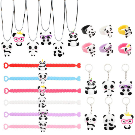 HOWAF 24pcs Anniversaire Panda Cadeau, Panda Porte Clés, Panda Bracelets Fille, Panda Bagues Jouets Kit Enfants Fête, Pinata Ann