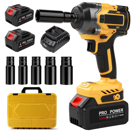VOBOR Cle a Choc Sans Fil Brushless avec 2x Batterie 4000mAh et 6 Douilles 1/2", 2800 RPM 650N.m Clé à Chocs Électrique 21V pour